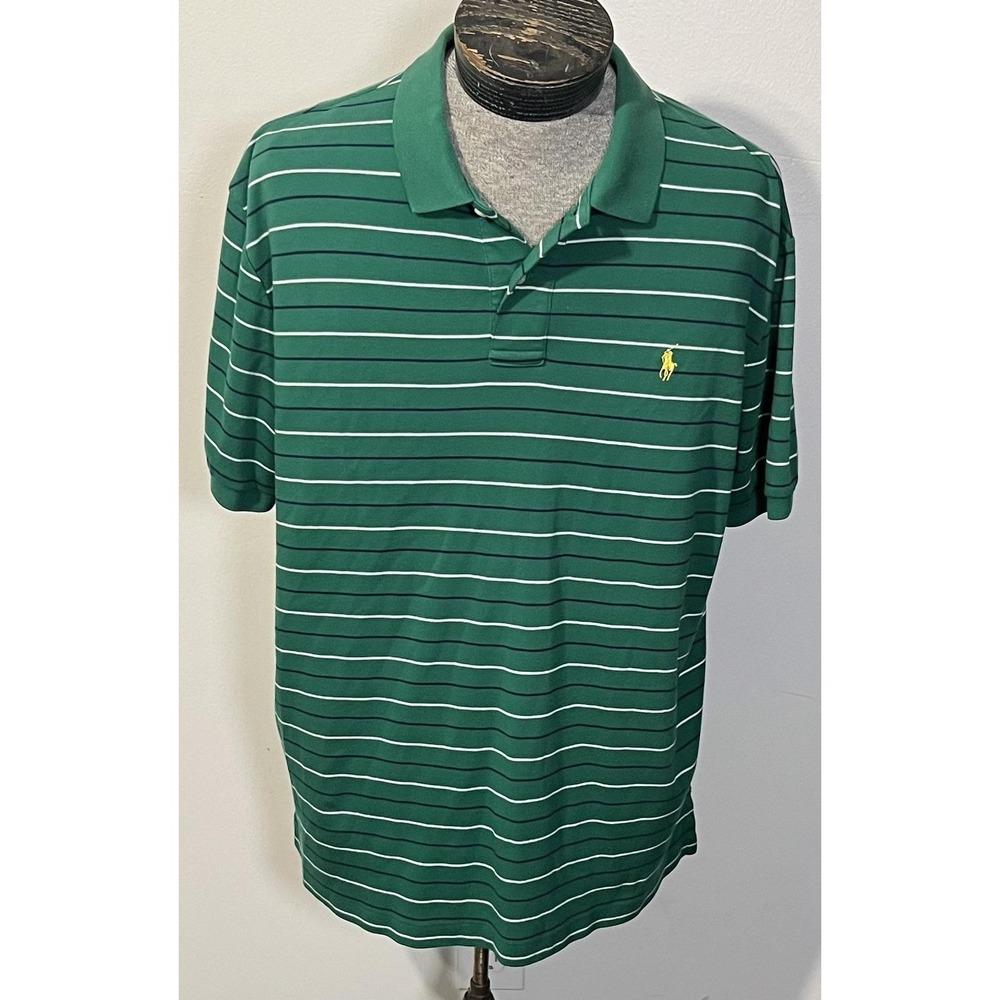 Vintage Polo Ralph Lauren Polo Shirt Mens XL Green Stripe Cotton Hong Kong 90s